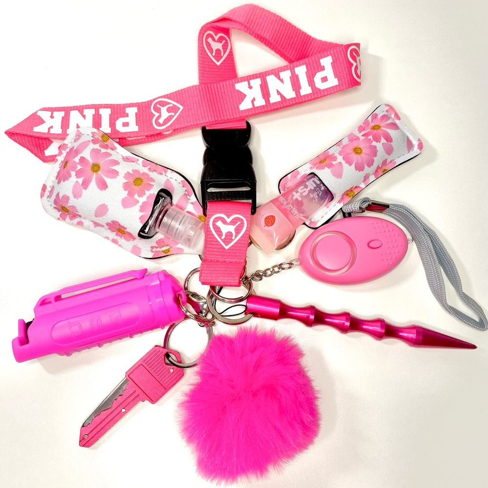 Pink Floral Lanyard Keychain Set